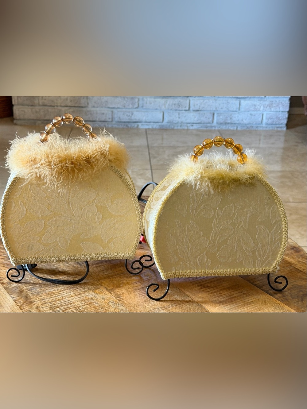 Pair of Cream Floral Handbag Accent Lamps, Beaded Handles Shabby Chic Glam